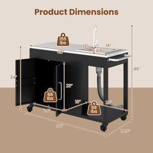 56 Inches Outdoor Grill Table with Sink and Stainless Steel Top-Black