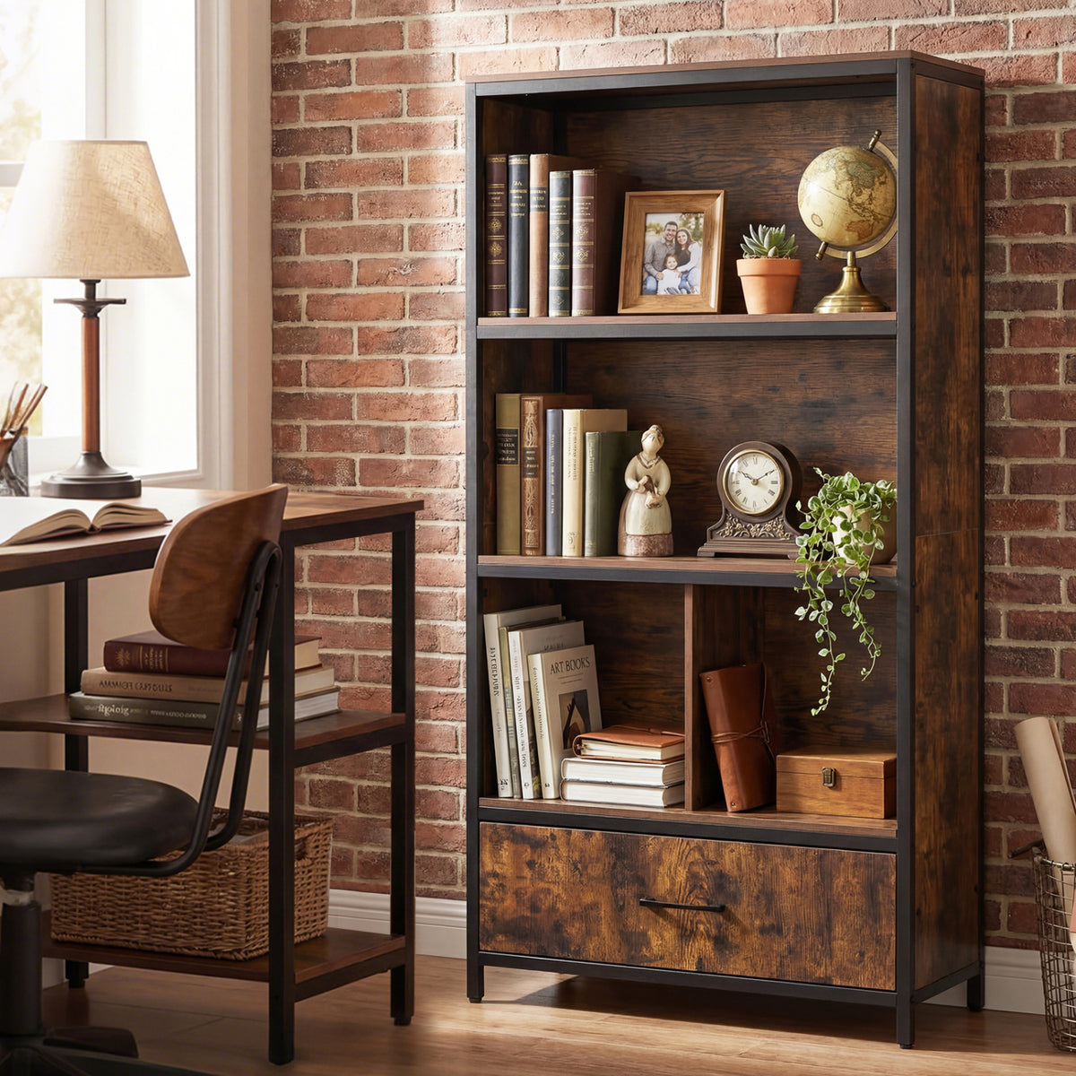 56" Tall Freestanding Bookcase with Drawer 5 Tier-RusticBrown