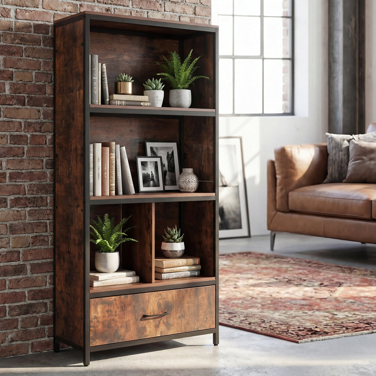 56" Tall Freestanding Bookcase with Drawer 5 Tier-RusticBrown