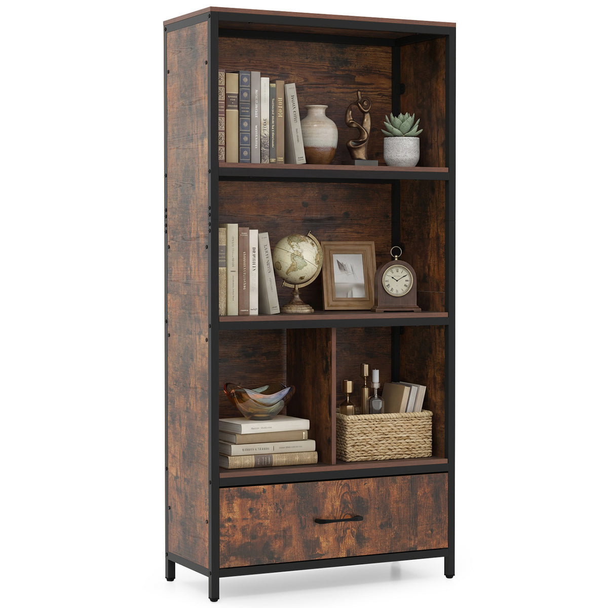 56" Tall Freestanding Bookcase with Drawer 5 Tier-RusticBrown