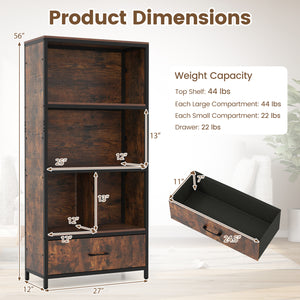 56" Tall Freestanding Bookcase with Drawer 5 Tier-RusticBrown