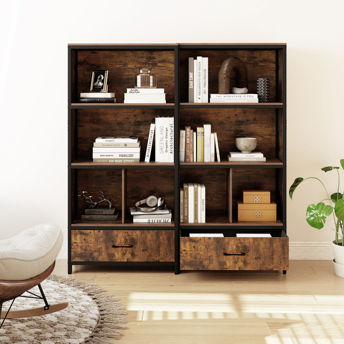 56" Tall Freestanding Bookcase with Drawer 5 Tier-RusticBrown