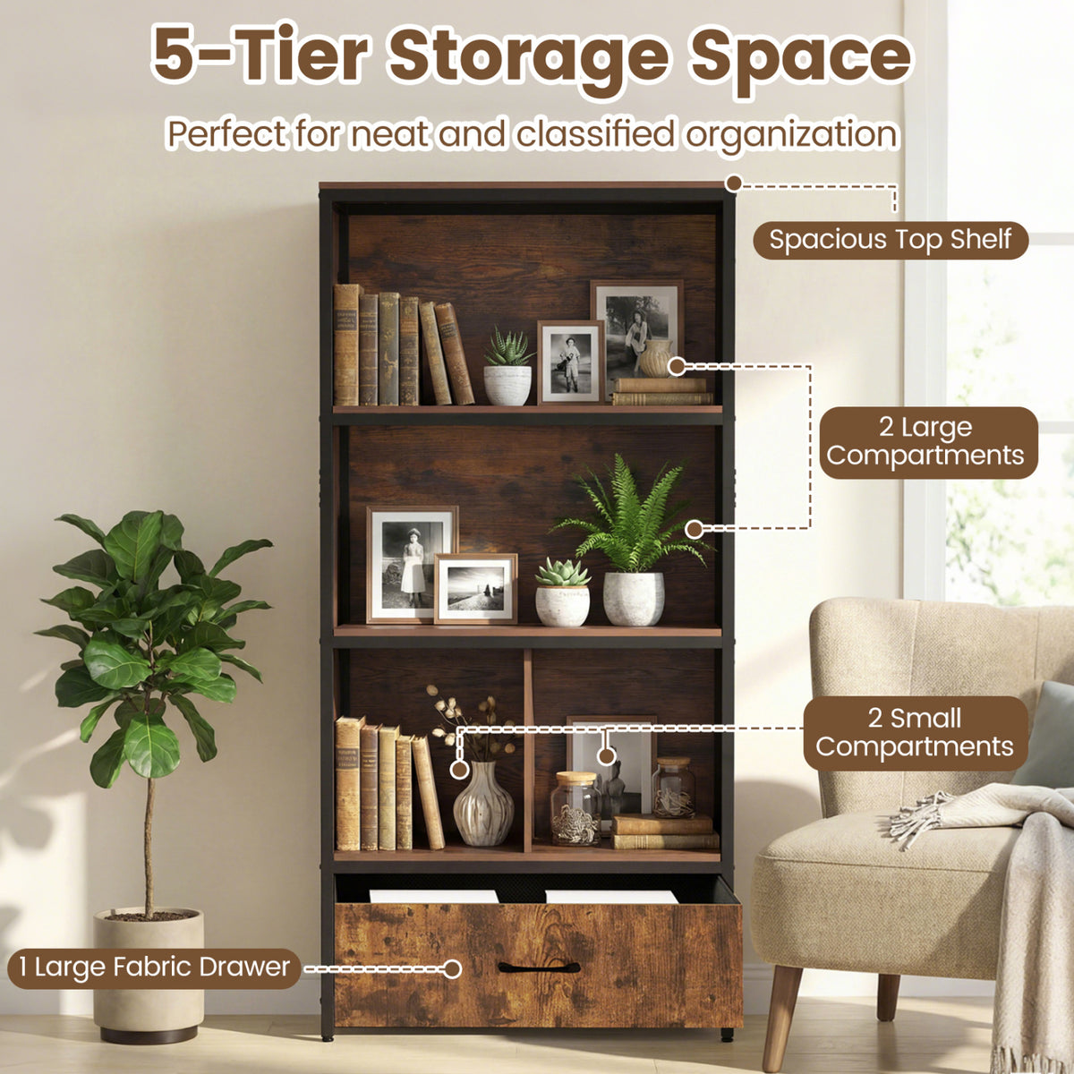 56" Tall Freestanding Bookcase with Drawer 5 Tier-RusticBrown