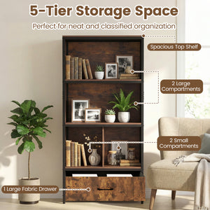 56" Tall Freestanding Bookcase with Drawer 5 Tier-RusticBrown