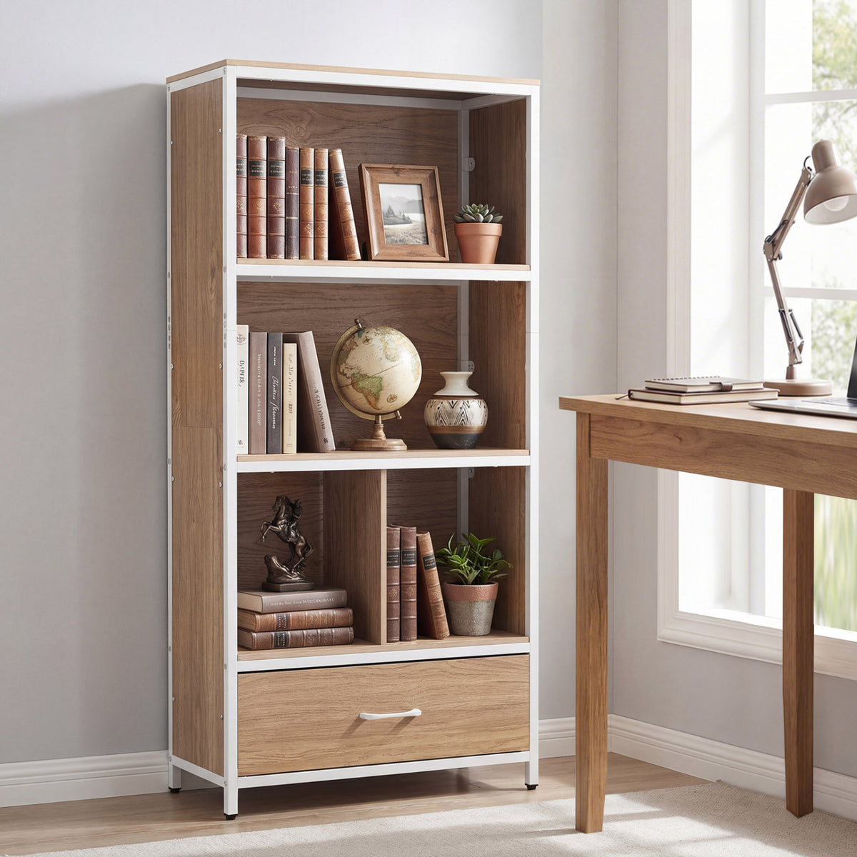56" Tall Freestanding Bookcase with Drawer 5 Tier-Natural