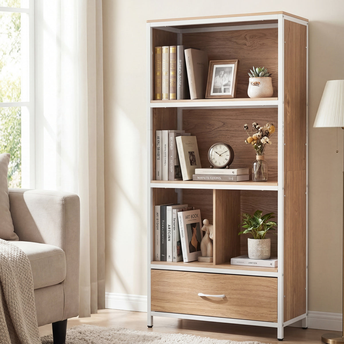56" Tall Freestanding Bookcase with Drawer 5 Tier-Natural
