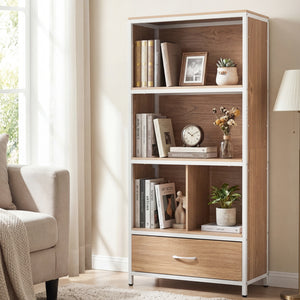 56" Tall Freestanding Bookcase with Drawer 5 Tier-Natural