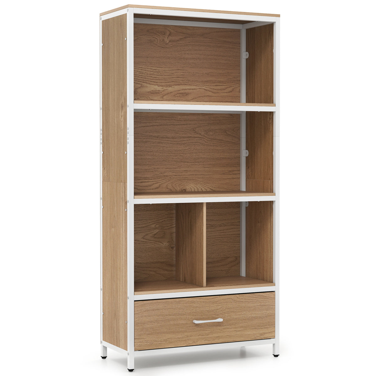 56" Tall Freestanding Bookcase with Drawer 5 Tier-Natural