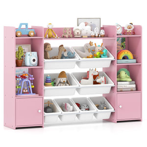 56 inch Large Toy Storage Organizer with 8 Removable Bins and Bookshelf-Pink