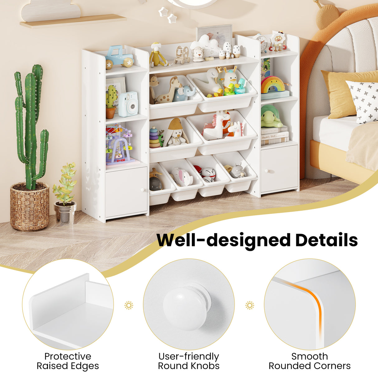 56 inch Large Toy Storage Organizer with 8 Removable Bins and Bookshelf-White