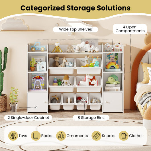 56 inch Large Toy Storage Organizer with 8 Removable Bins and Bookshelf-White