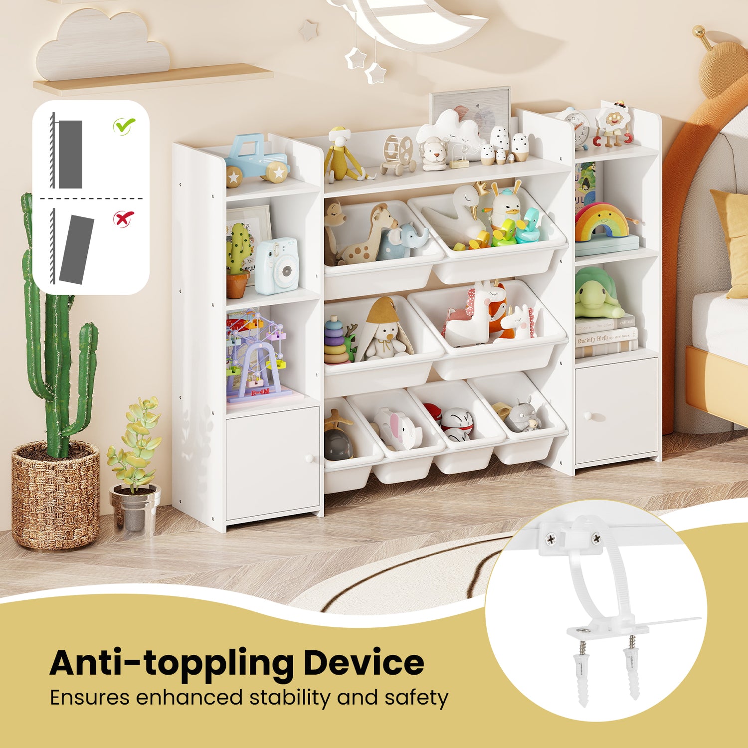 56 inch Large Toy Storage Organizer with 8 Removable Bins and Bookshelf-White