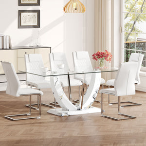 Table And Chair Set, Large Modern Rectangular Glass Table, Can Accommodate 6-8 People, Equipped With A 0.39" Tempered Glass Tabletop And MDF Table Legs.Paired With Comfortable And Soft Chairs - White / Pearl Silver by Couch.com