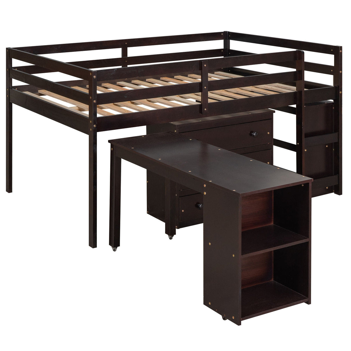 Loft Low Study Bed With Cabinet, Shelves And Rolling Portable Desk, Multiple Functions by Couch.com