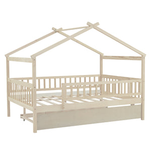 The Creativity House Bed With Twin Size Trundle is a children's house-shaped bed frame made of light wood, featuring a pitched roof design and side rails, resembling a small house. It includes horizontal slats for mattress support but does not include a mattress or bedding.