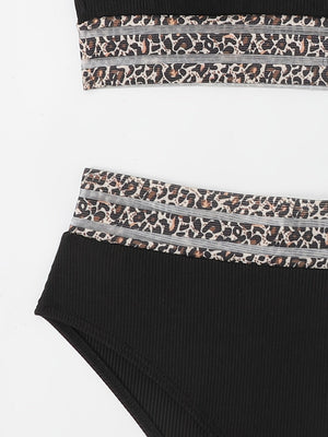 Bikini Leopard Print High Waist Bandeau 2 Piece Swimsuit for Women – Super Stretchy Bikini Set with Seductive Mesh Detail and Flattering Fit – Chic Animal Print Swimwear for Beachwear Poolside and Summer Vacations