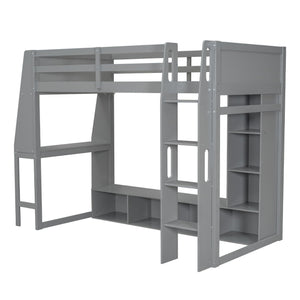 Gaming Loft Bed With Desk, Multi Storage Shelves, LED Lighting, And Hanging Clothes Rack