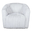 The Mira - Modern Comfort Swivel Chair is a white plush armchair featuring a vertically ribbed texture, rounded back, and wide armrests. Its soft, fluffy material enhances its cozy and luxurious feel.