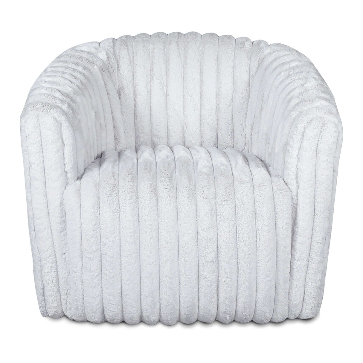 The Mira - Modern Comfort Swivel Chair is a white plush armchair featuring a vertically ribbed texture, rounded back, and wide armrests. Its soft, fluffy material enhances its cozy and luxurious feel.