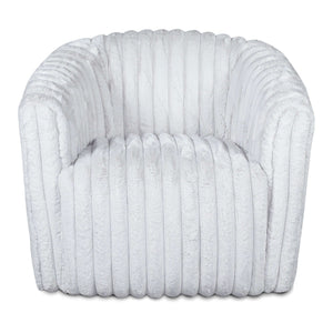 The Mira - Modern Comfort Swivel Chair is a white plush armchair featuring a vertically ribbed texture, rounded back, and wide armrests. Its soft, fluffy material enhances its cozy and luxurious feel.