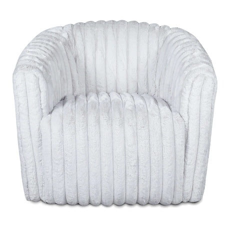 The Mira - Modern Comfort Swivel Chair is a white plush armchair featuring a vertically ribbed texture, rounded back, and wide armrests. Its soft, fluffy material enhances its cozy and luxurious feel.