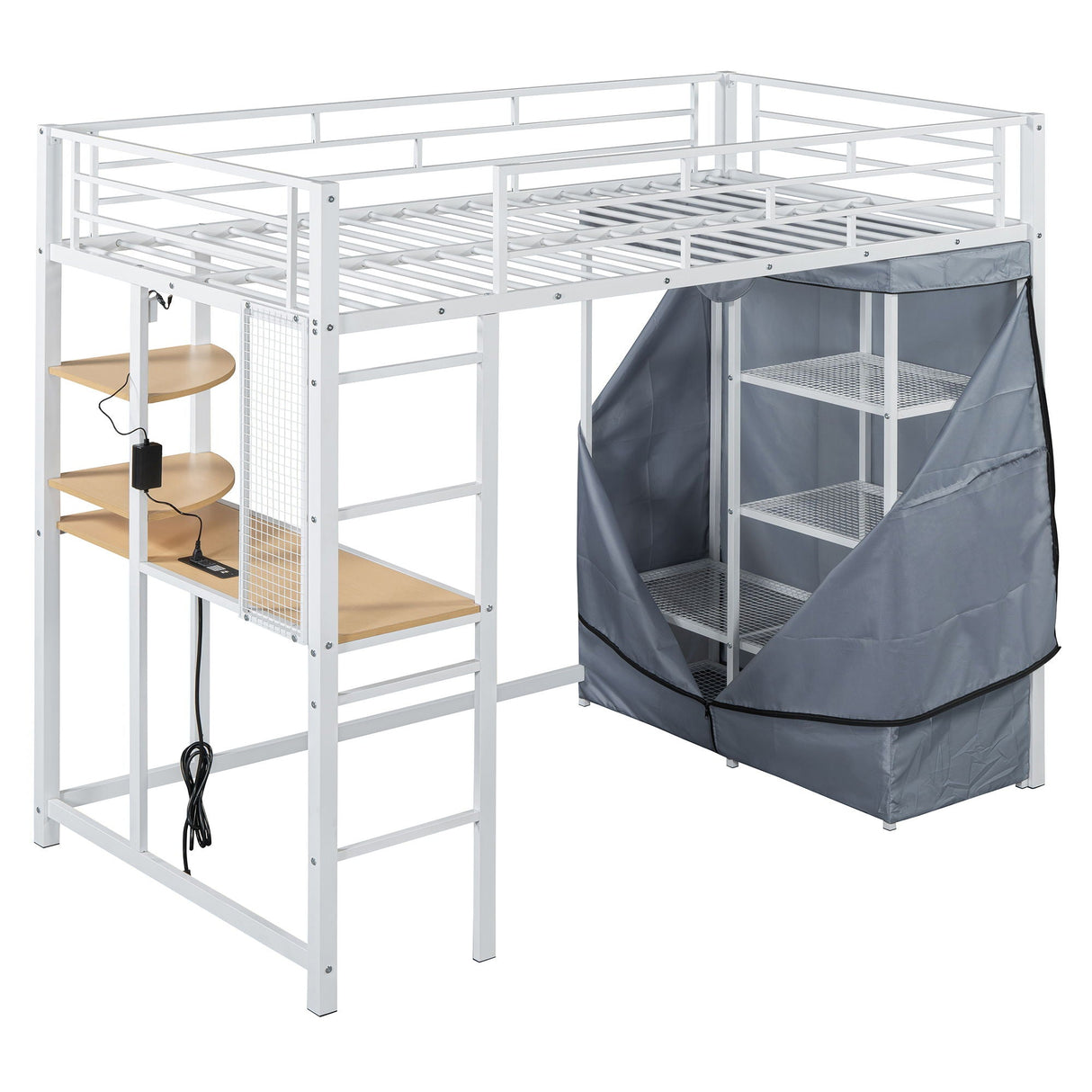 Loft Bed With Desk, Shelves, Power Outlet, LED Light And Wardrobe by Couch.com