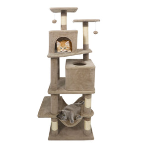 57 Inch Cat Tree with Dual Condos and Hammock and 2 Dangling Balls-Coffee