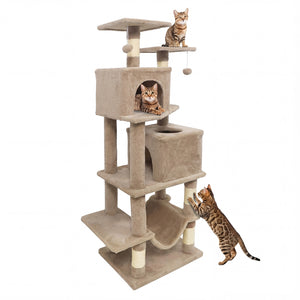 57 Inch Cat Tree with Dual Condos and Hammock and 2 Dangling Balls-Coffee