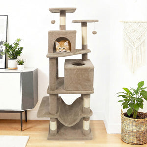 57 Inch Cat Tree with Dual Condos and Hammock and 2 Dangling Balls-Coffee