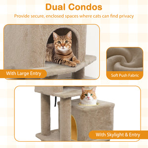 57 Inch Cat Tree with Dual Condos and Hammock and 2 Dangling Balls-Coffee