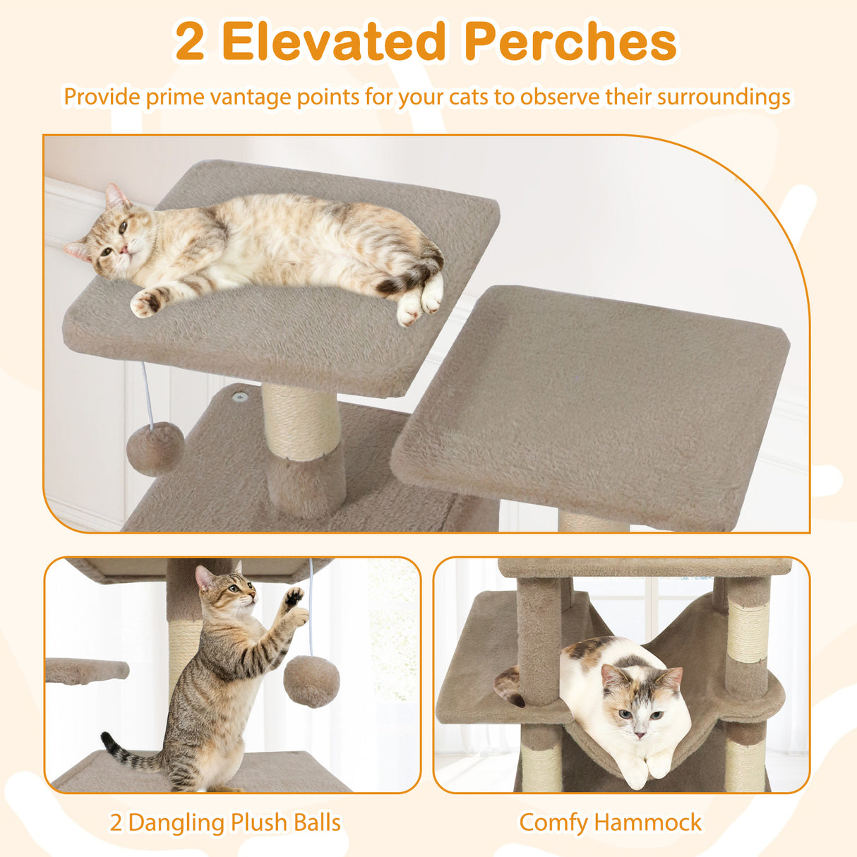 57 Inch Cat Tree with Dual Condos and Hammock and 2 Dangling Balls-Coffee