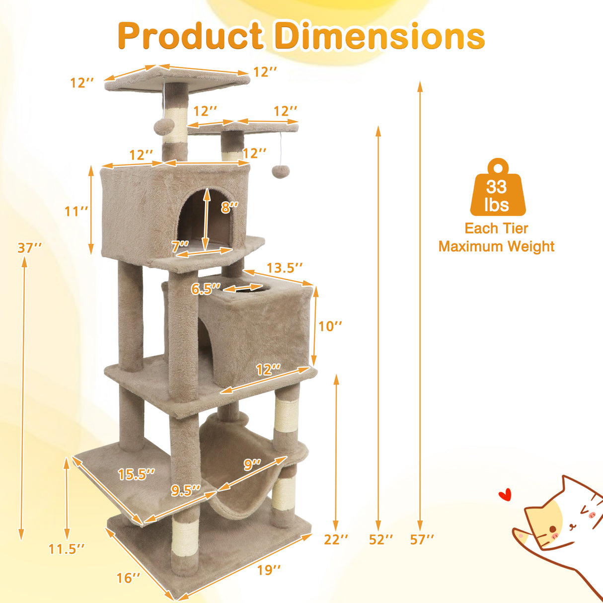57 Inch Cat Tree with Dual Condos and Hammock and 2 Dangling Balls-Coffee
