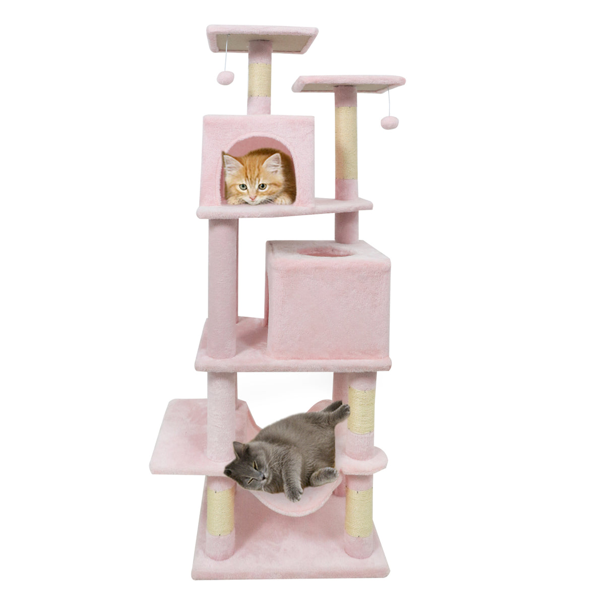 57 Inch Cat Tree with Dual Condos and Hammock and 2 Dangling Balls-Pink