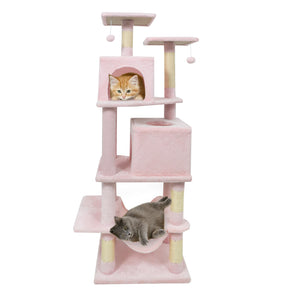57 Inch Cat Tree with Dual Condos and Hammock and 2 Dangling Balls-Pink