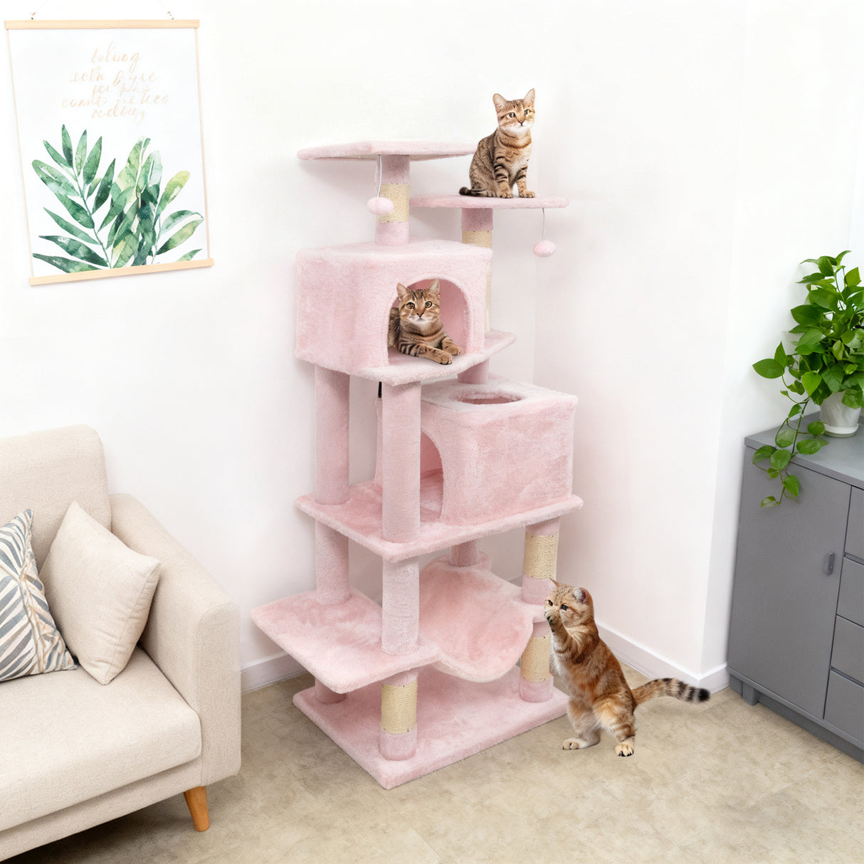 57 Inch Cat Tree with Dual Condos and Hammock and 2 Dangling Balls-Pink