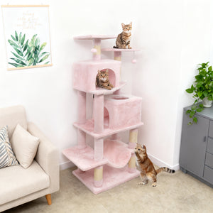 57 Inch Cat Tree with Dual Condos and Hammock and 2 Dangling Balls-Pink