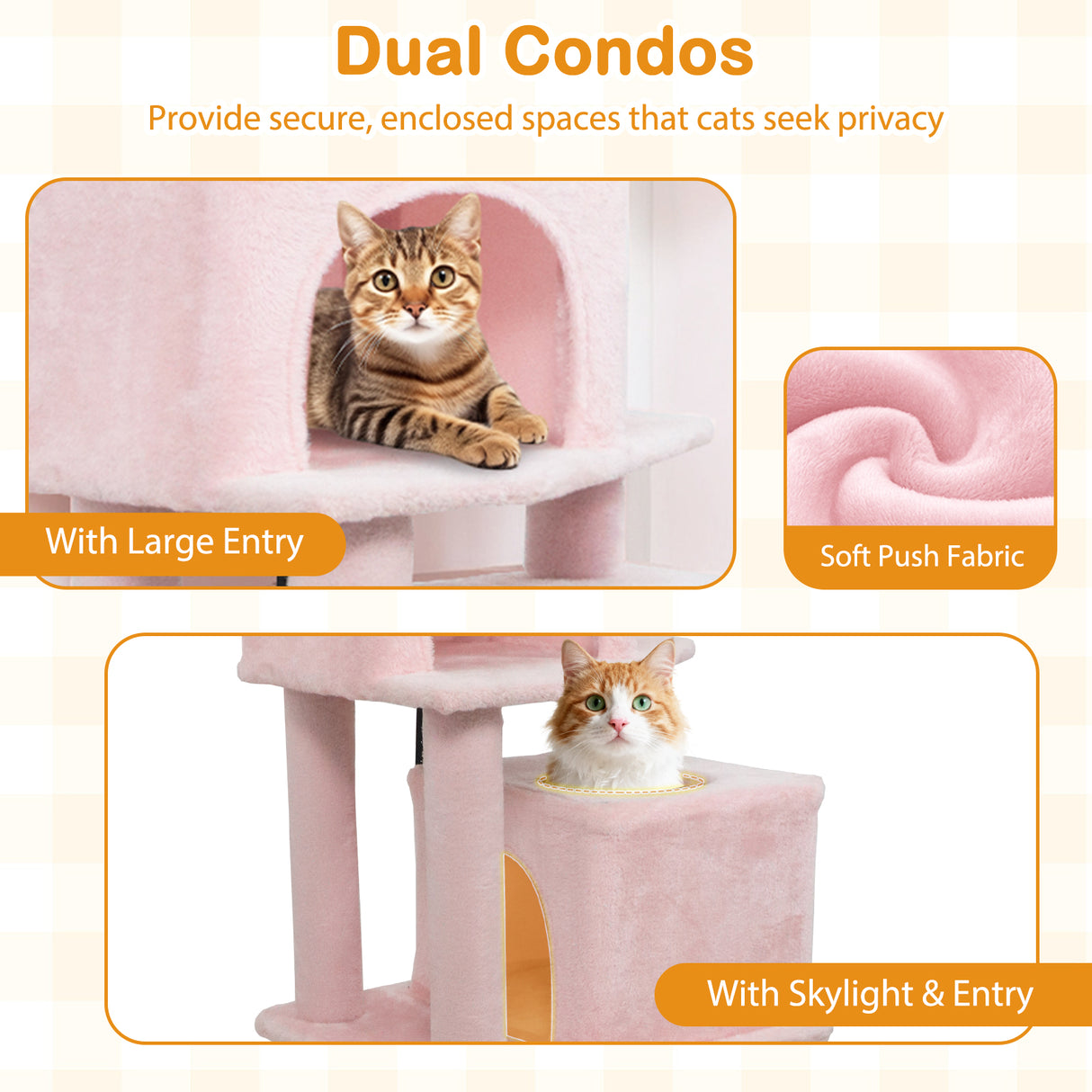 57 Inch Cat Tree with Dual Condos and Hammock and 2 Dangling Balls-Pink