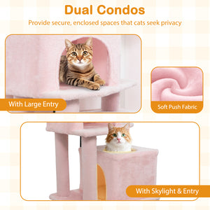 57 Inch Cat Tree with Dual Condos and Hammock and 2 Dangling Balls-Pink