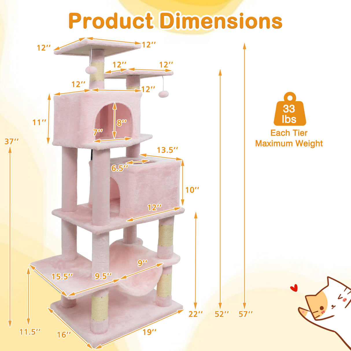 57 Inch Cat Tree with Dual Condos and Hammock and 2 Dangling Balls-Pink