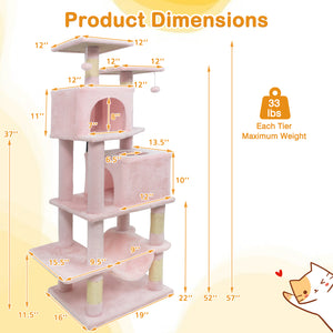 57 Inch Cat Tree with Dual Condos and Hammock and 2 Dangling Balls-Pink