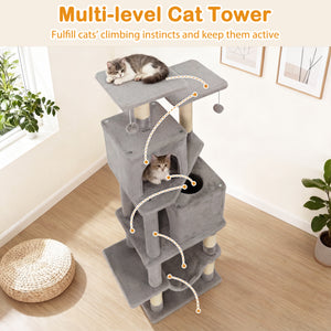 57 Inch Cat Tree with Dual Condos and Hammock and 2 Dangling Balls-Light Gray