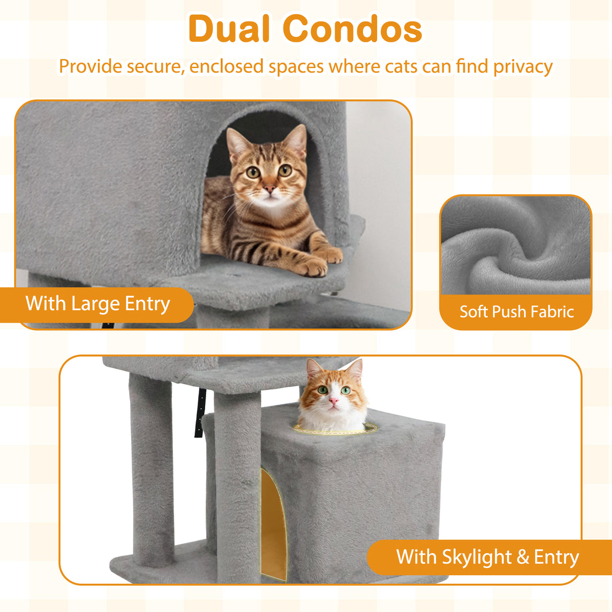 57 Inch Cat Tree with Dual Condos and Hammock and 2 Dangling Balls-Light Gray