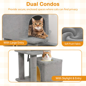 57 Inch Cat Tree with Dual Condos and Hammock and 2 Dangling Balls-Light Gray