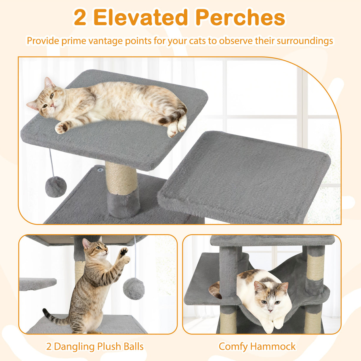 57 Inch Cat Tree with Dual Condos and Hammock and 2 Dangling Balls-Light Gray