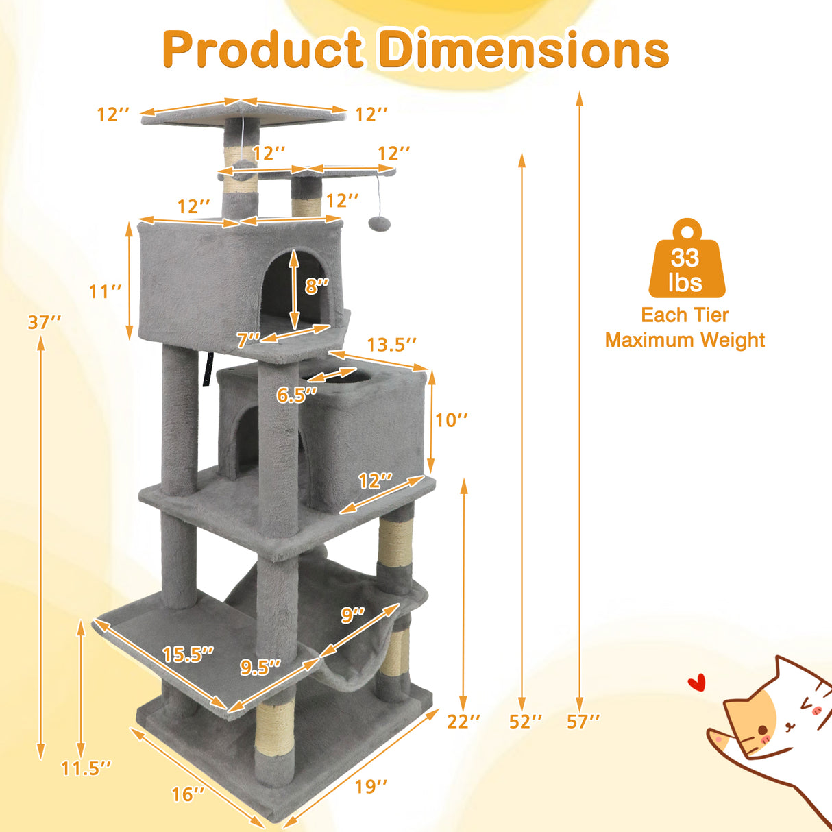57 Inch Cat Tree with Dual Condos and Hammock and 2 Dangling Balls-Light Gray