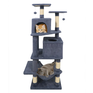 57 Inch Cat Tree with Dual Condos and Hammock and 2 Dangling Balls-Gray