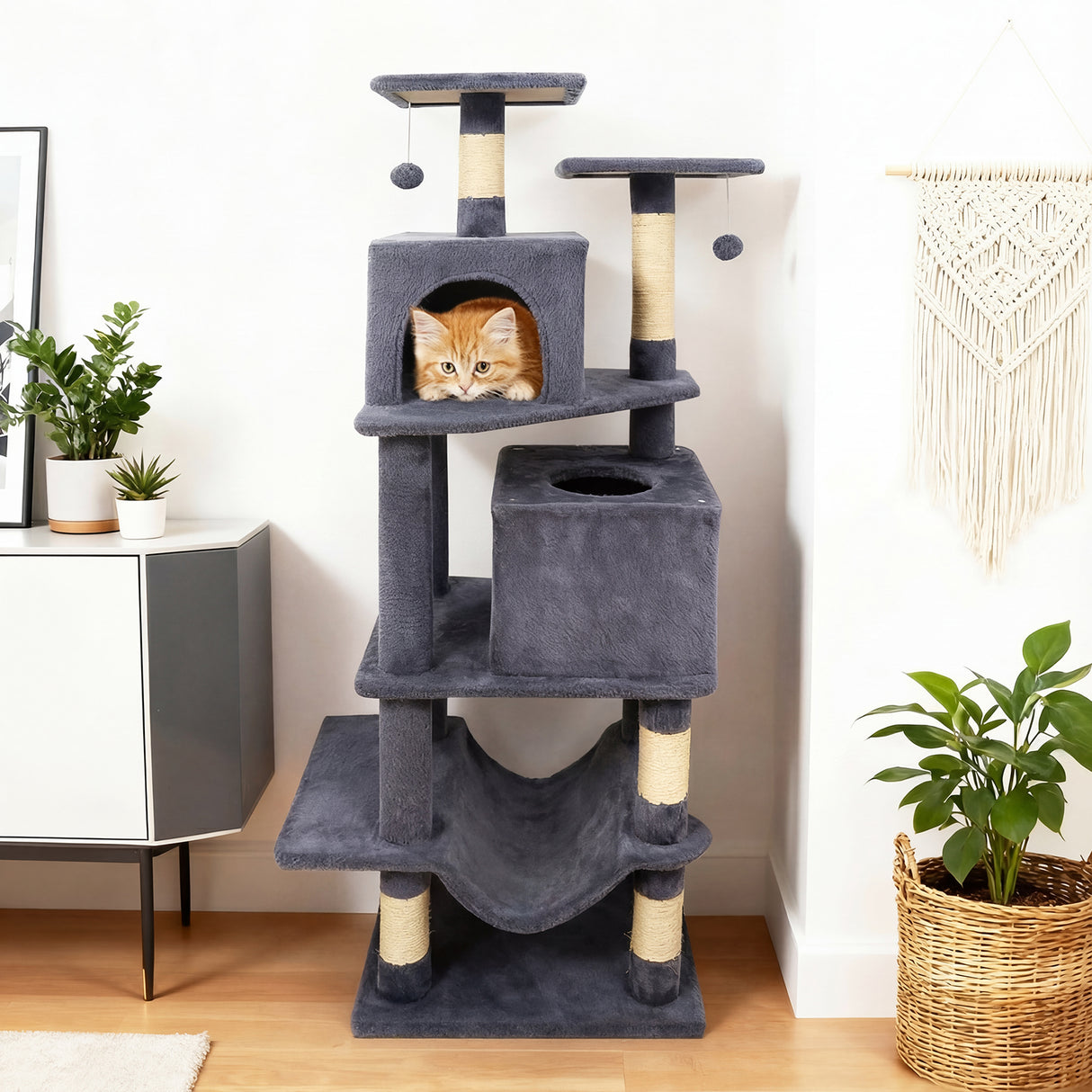 57 Inch Cat Tree with Dual Condos and Hammock and 2 Dangling Balls-Gray