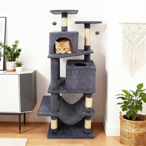57 Inch Cat Tree with Dual Condos and Hammock and 2 Dangling Balls-Gray
