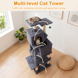 57 Inch Cat Tree with Dual Condos and Hammock and 2 Dangling Balls-Gray