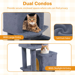 57 Inch Cat Tree with Dual Condos and Hammock and 2 Dangling Balls-Gray